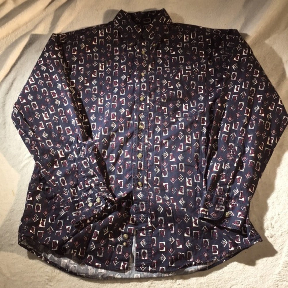Trader Bay Mens Navy Print Button Down Long Sleeved Shirt
